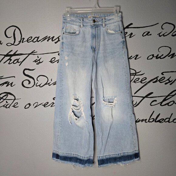 Zara Basic Z1975 Distressed Wide Leg Cropped Jeans, 2 - Picture 1 of 4